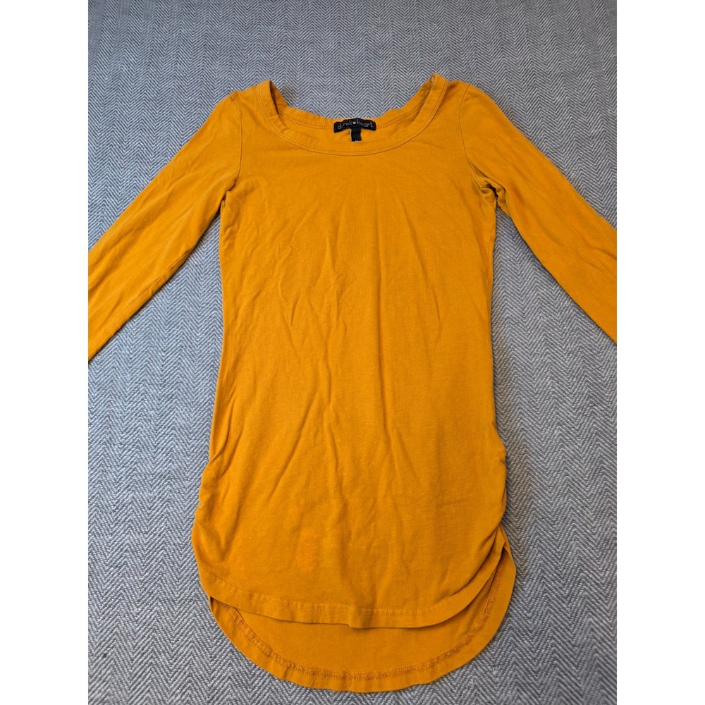 Derek Heart Tunic Top Women's M Mustard Yellow Ruched Side Round Neck Pullover